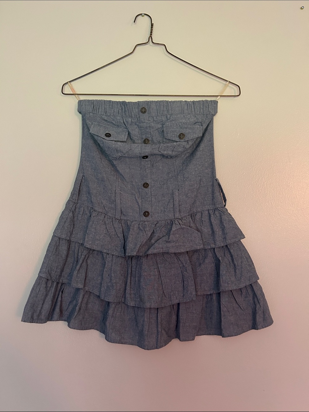 Blue Denim Tiered Ruffle Strapless Dress Size: medium